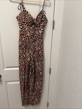 Leopard Print Spaghetti-Strap Jumpsuit in Tan